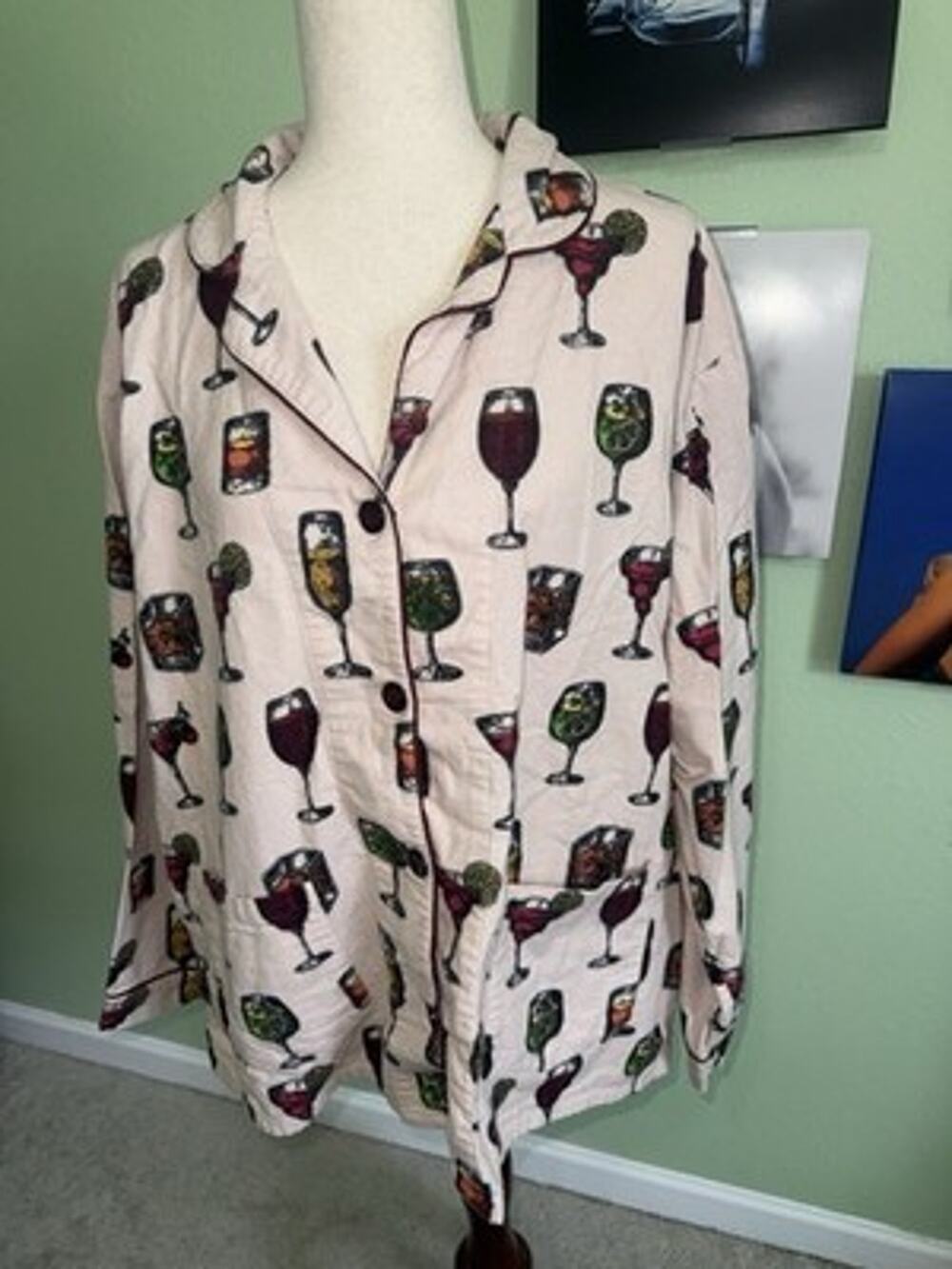 PJ Salvage Womens Pajama Top XL Flannel Button Front Wine Cocktail Drinks Lounge